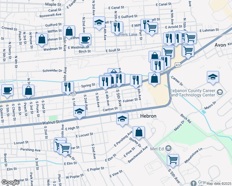 map of restaurants, bars, coffee shops, grocery stores, and more near 452 East Cumberland Street in Lebanon