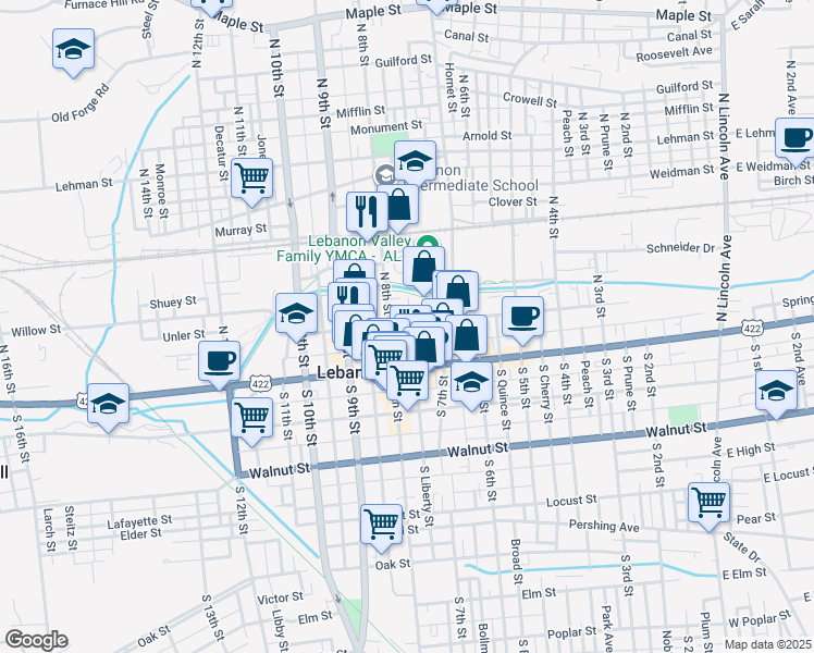 map of restaurants, bars, coffee shops, grocery stores, and more near 750 Willow Street in Lebanon