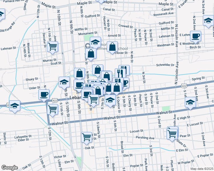 map of restaurants, bars, coffee shops, grocery stores, and more near 34 N 7th St in Lebanon