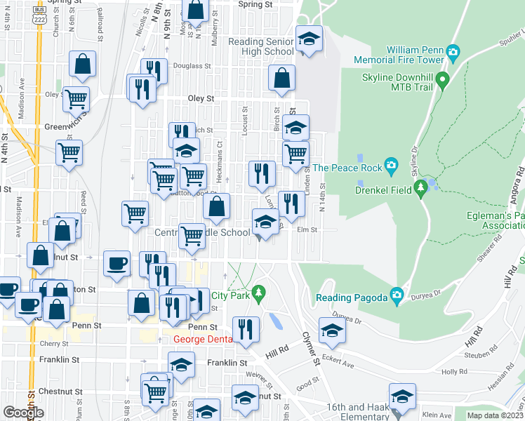 map of restaurants, bars, coffee shops, grocery stores, and more near 333 North 12th Street in Reading