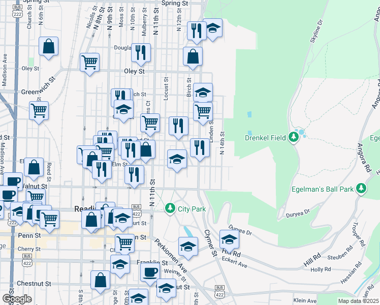 map of restaurants, bars, coffee shops, grocery stores, and more near 353 North 12th Street in Reading