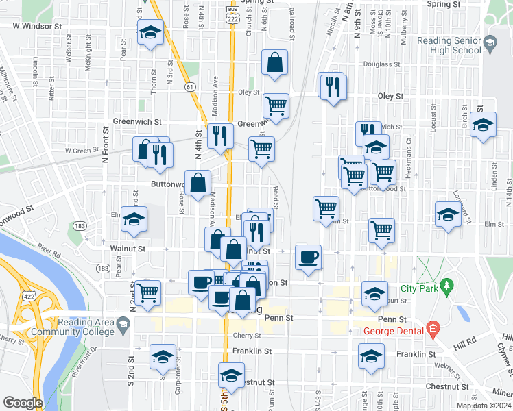 map of restaurants, bars, coffee shops, grocery stores, and more near 333 North 6th Street in Reading