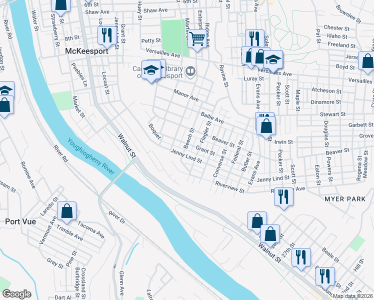 map of restaurants, bars, coffee shops, grocery stores, and more near 1619 Grant Street in McKeesport