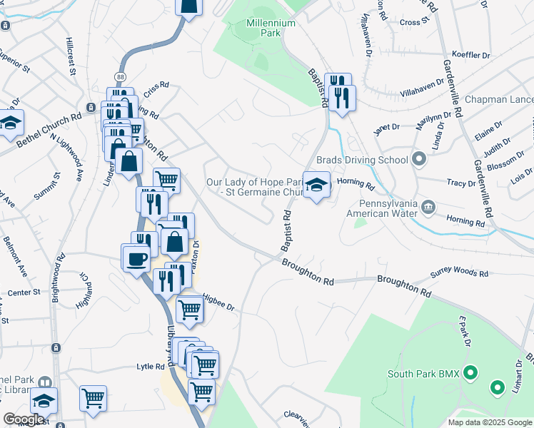 map of restaurants, bars, coffee shops, grocery stores, and more near 7016 Lawrence Drive in Bethel Park