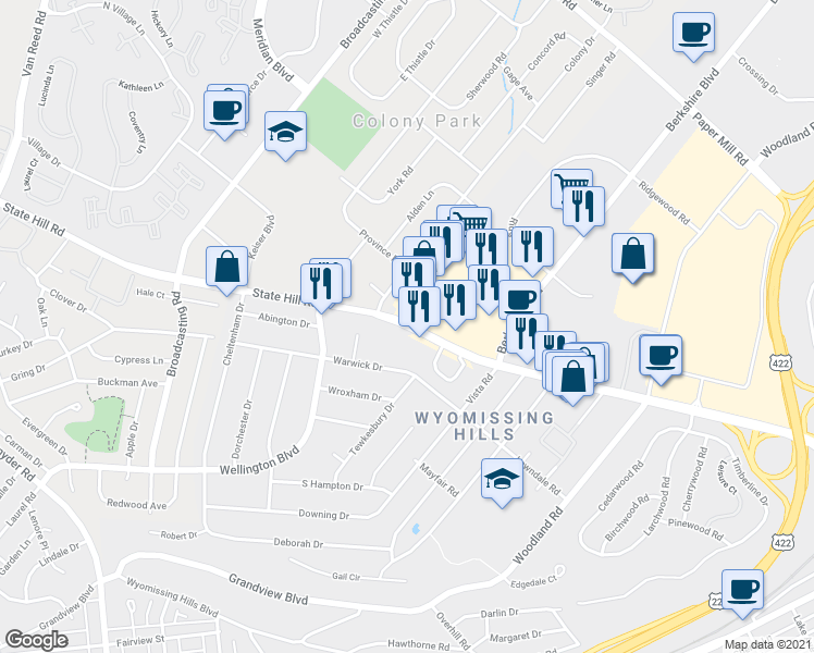 map of restaurants, bars, coffee shops, grocery stores, and more near 2332 State Hill Road in Wyomissing