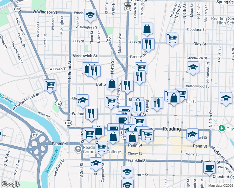 map of restaurants, bars, coffee shops, grocery stores, and more near 338 Madison Avenue in Reading