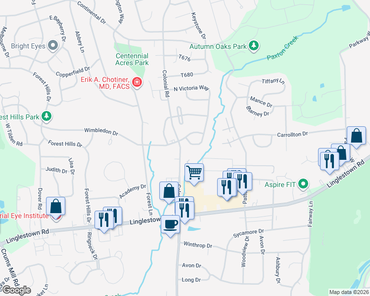 map of restaurants, bars, coffee shops, grocery stores, and more near 4301 South Victoria Way in Harrisburg