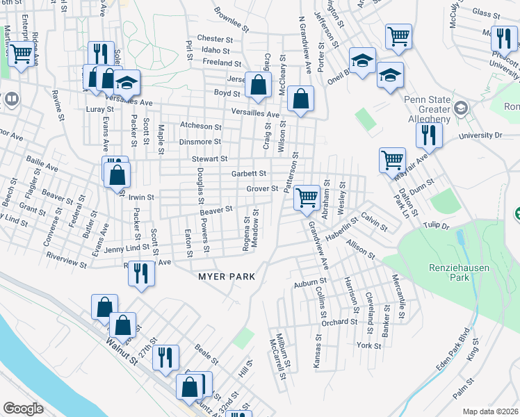 map of restaurants, bars, coffee shops, grocery stores, and more near 1712 Meadow Street in McKeesport