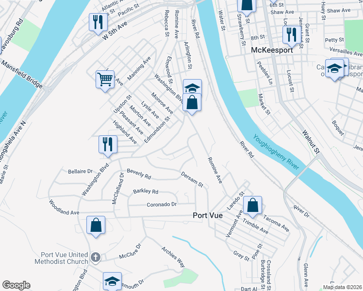 map of restaurants, bars, coffee shops, grocery stores, and more near 1016 Alquin Street in McKeesport
