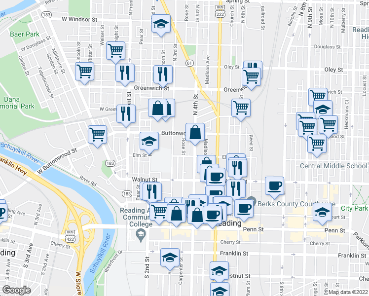 map of restaurants, bars, coffee shops, grocery stores, and more near 323 Rose Street in Reading