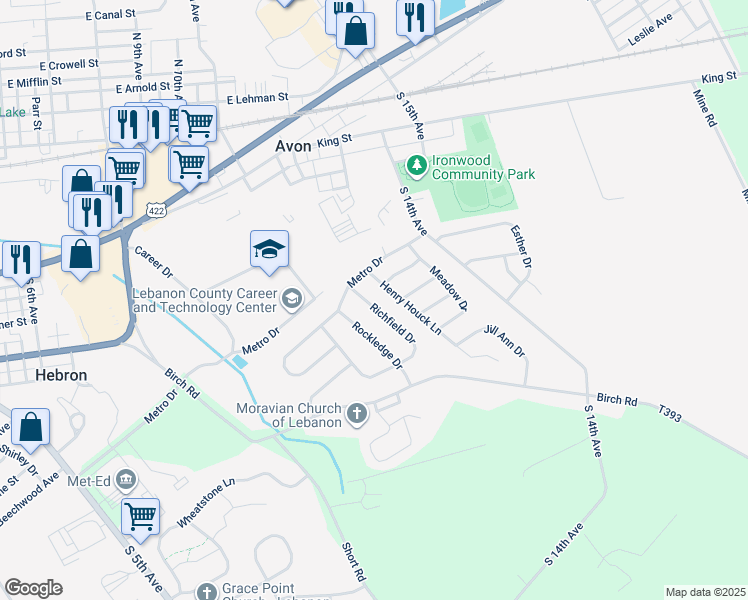 map of restaurants, bars, coffee shops, grocery stores, and more near 610 Richfield Drive in Lebanon