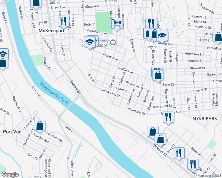 map of restaurants, bars, coffee shops, grocery stores, and more near 1619 Grant Street in McKeesport
