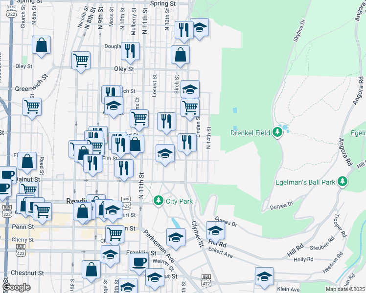 map of restaurants, bars, coffee shops, grocery stores, and more near 355 North 13th Street in Reading