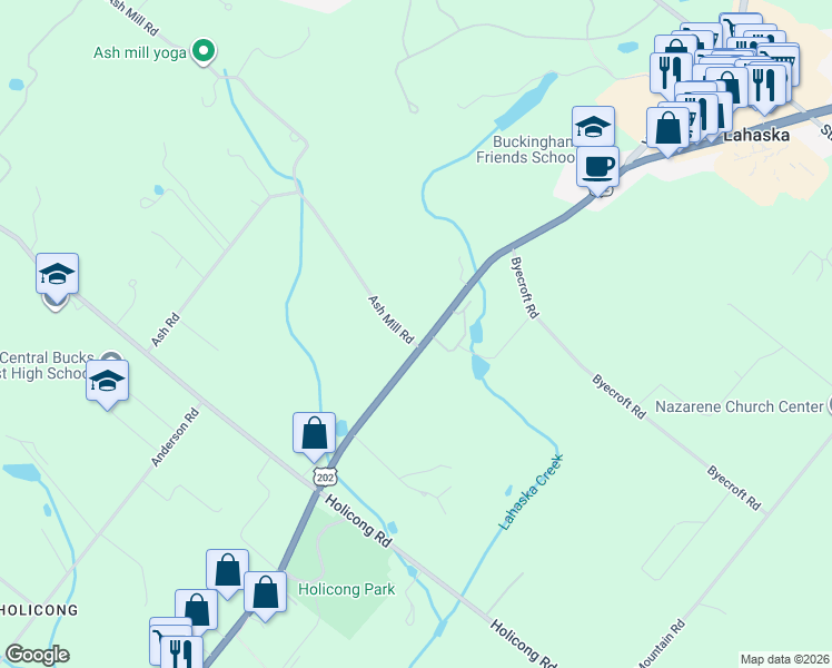 map of restaurants, bars, coffee shops, grocery stores, and more near 2539 Ash Mill Road in Doylestown