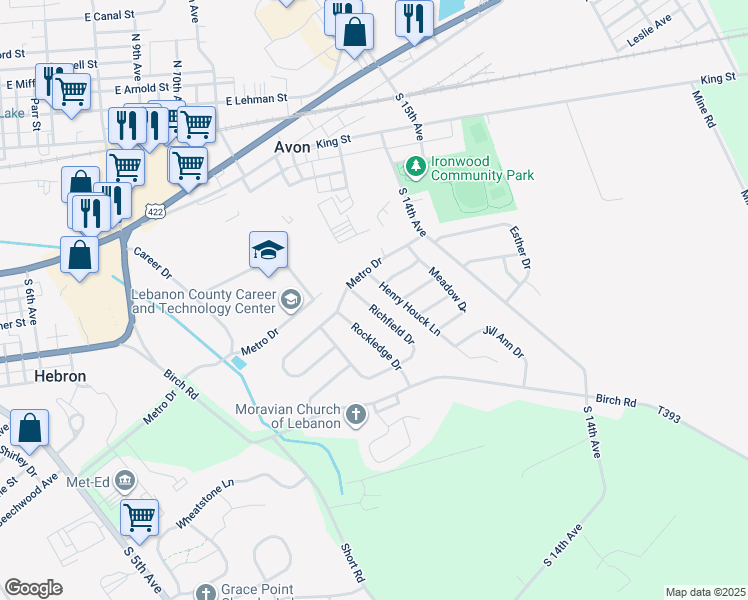 map of restaurants, bars, coffee shops, grocery stores, and more near 610 Richfield Drive in Lebanon