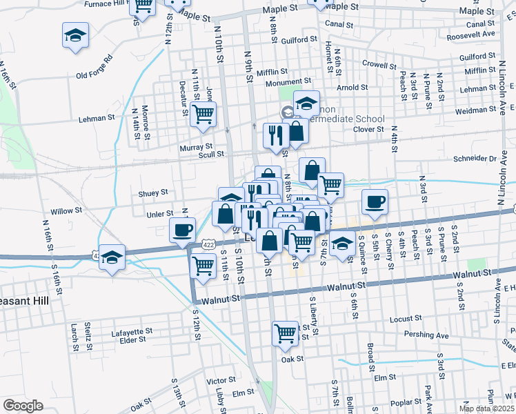 map of restaurants, bars, coffee shops, grocery stores, and more near 901 Willow Street in Lebanon