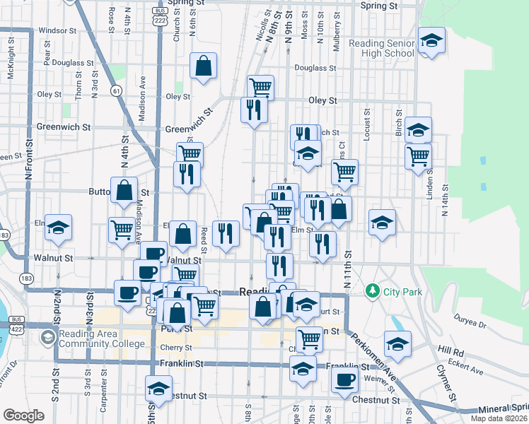 map of restaurants, bars, coffee shops, grocery stores, and more near 348 Cedar Street in Reading