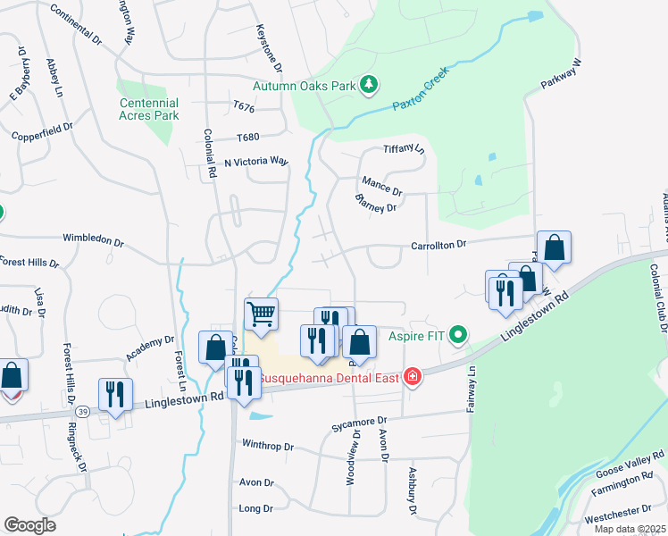 map of restaurants, bars, coffee shops, grocery stores, and more near 10 Fairfax Village in Harrisburg