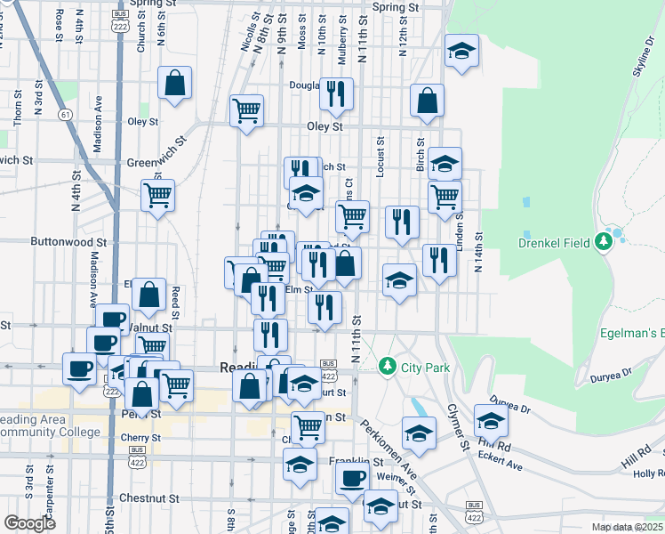 map of restaurants, bars, coffee shops, grocery stores, and more near 352 North 11th Street in Reading