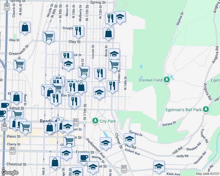 map of restaurants, bars, coffee shops, grocery stores, and more near 346 North 13th Street in Reading