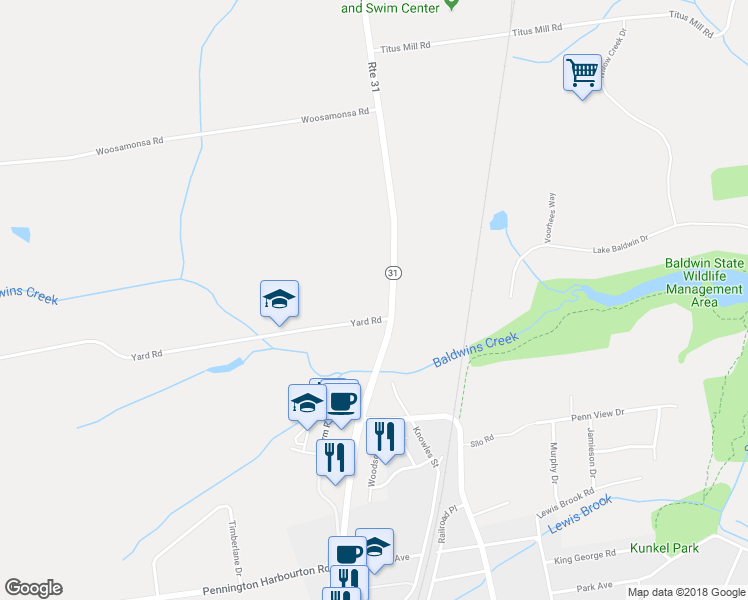 map of restaurants, bars, coffee shops, grocery stores, and more near 56 New Jersey 31 in Pennington