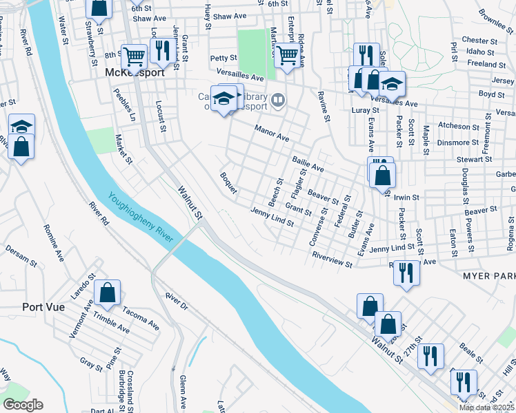 map of restaurants, bars, coffee shops, grocery stores, and more near 1523 Jenny Lind Street in McKeesport