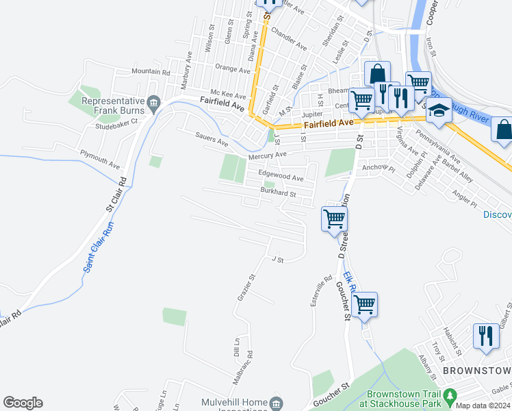map of restaurants, bars, coffee shops, grocery stores, and more near 413 Yeoman Street in Johnstown