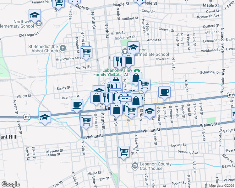 map of restaurants, bars, coffee shops, grocery stores, and more near 117 North 9th Street in Lebanon