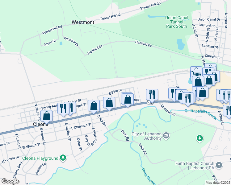map of restaurants, bars, coffee shops, grocery stores, and more near 55 Rosemont Avenue in Cleona