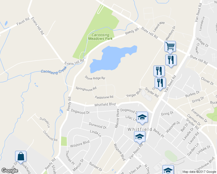 map of restaurants, bars, coffee shops, grocery stores, and more near 1306 Stone Ridge Rd in Reading