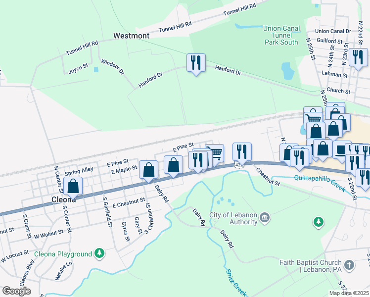 map of restaurants, bars, coffee shops, grocery stores, and more near 55 Rosemont Avenue in Cleona