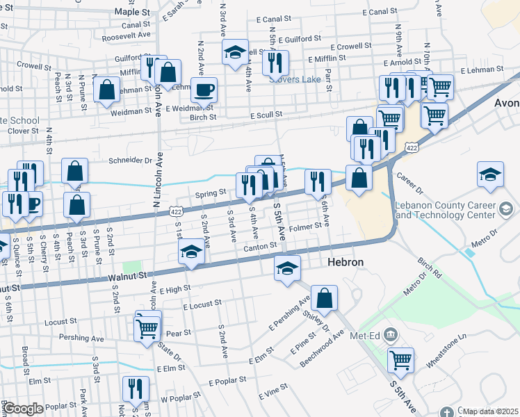 map of restaurants, bars, coffee shops, grocery stores, and more near 400 East Cumberland Street in Lebanon