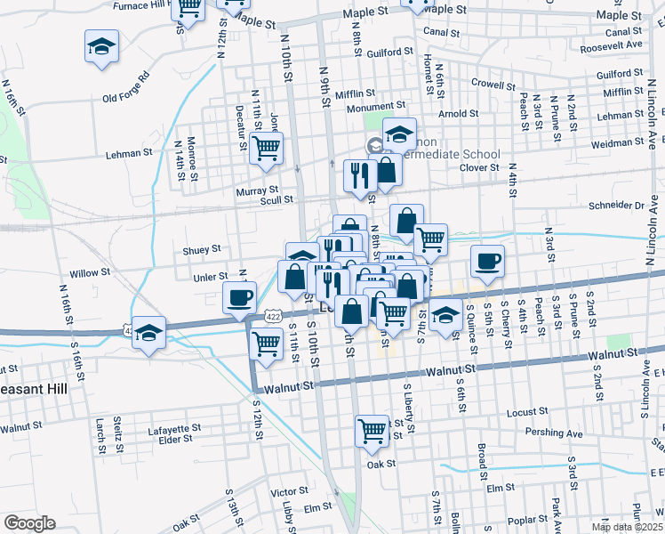 map of restaurants, bars, coffee shops, grocery stores, and more near 117 North 9th Street in Lebanon