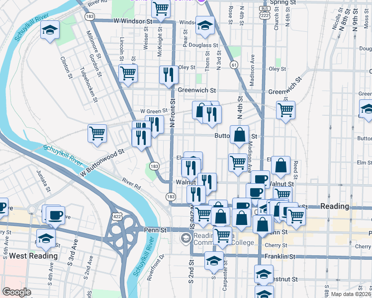 map of restaurants, bars, coffee shops, grocery stores, and more near 339 Pear Street in Reading
