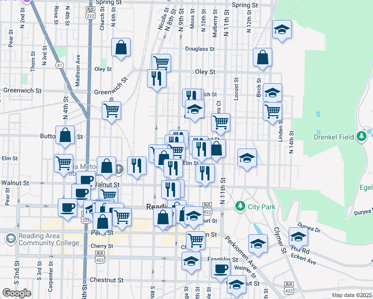 map of restaurants, bars, coffee shops, grocery stores, and more near 335 North 9th Street in Reading