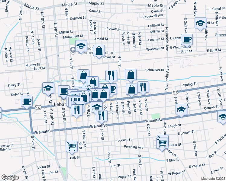 map of restaurants, bars, coffee shops, grocery stores, and more near 429 Willow Street in Lebanon