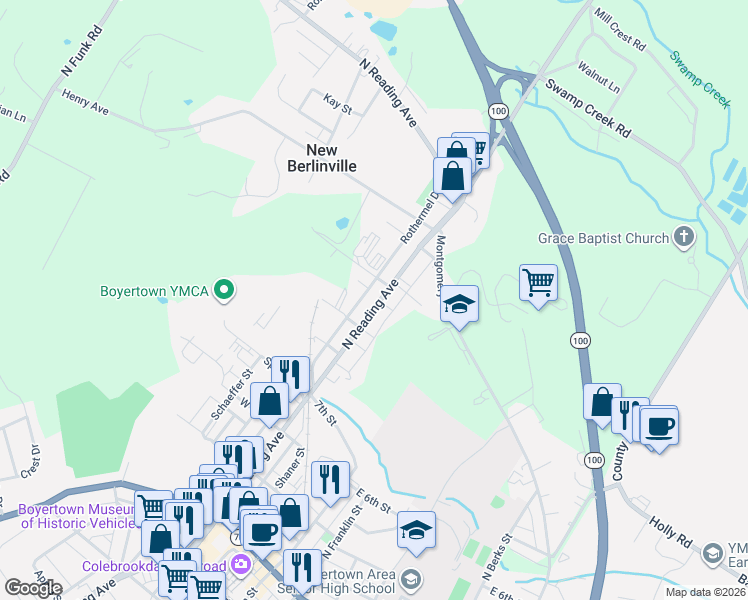 map of restaurants, bars, coffee shops, grocery stores, and more near 542 North Reading Avenue in Boyertown