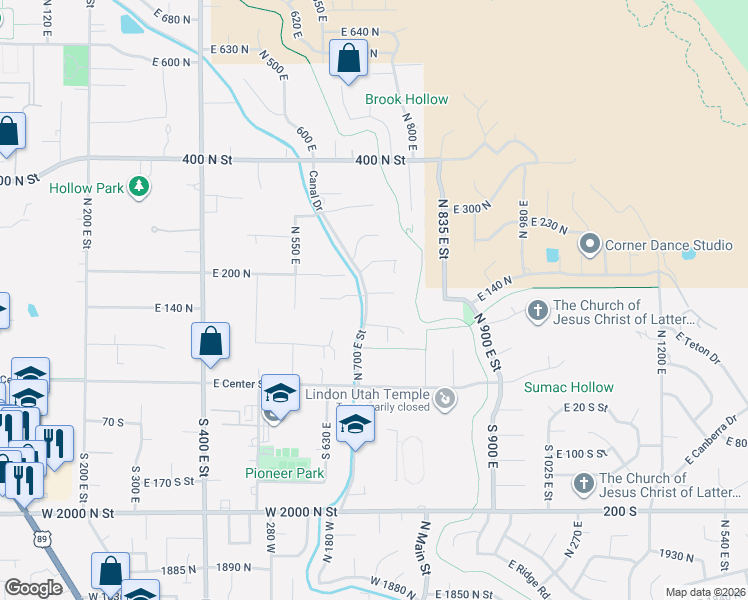 map of restaurants, bars, coffee shops, grocery stores, and more near 682 East 175 North in Lindon