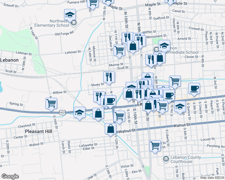 map of restaurants, bars, coffee shops, grocery stores, and more near 1130 Willow Street in Lebanon