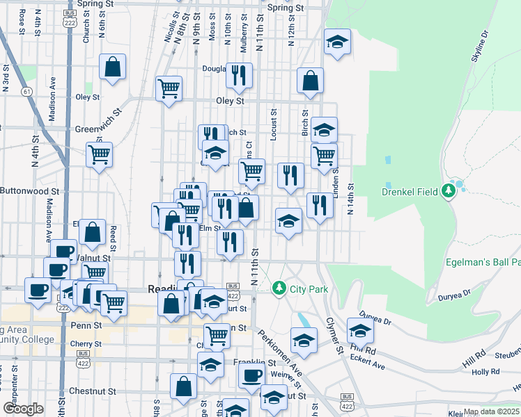 map of restaurants, bars, coffee shops, grocery stores, and more near 339 North 11th Street in Reading