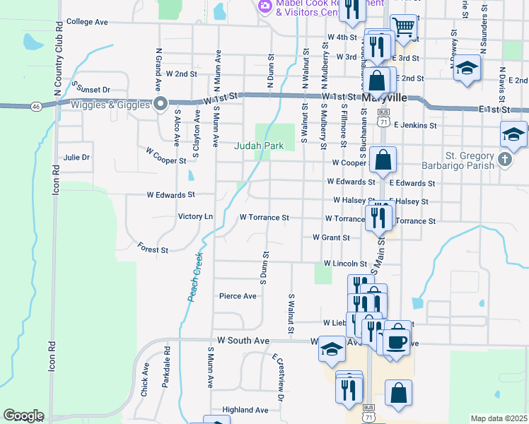 map of restaurants, bars, coffee shops, grocery stores, and more near 526 West Halsey Street in Maryville