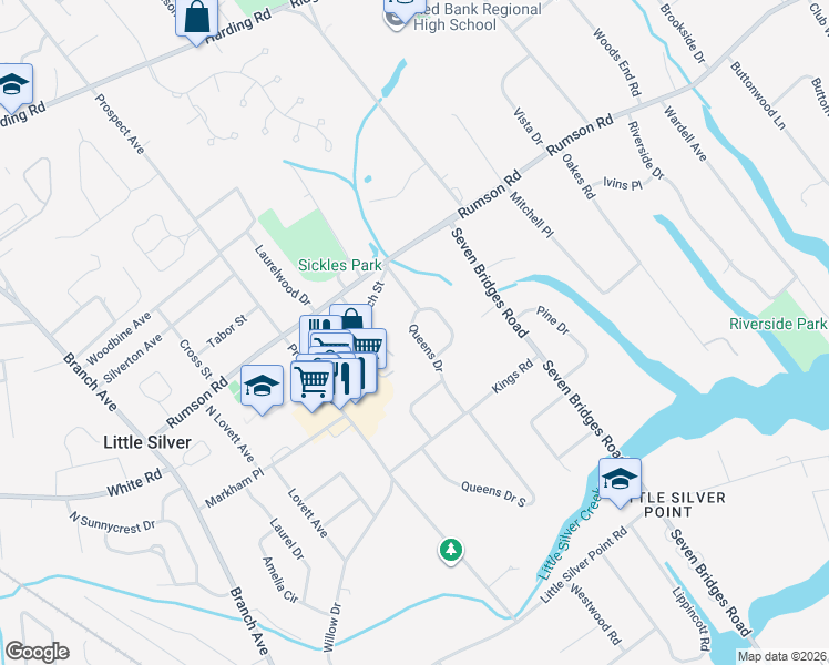 map of restaurants, bars, coffee shops, grocery stores, and more near 48 Queens Drive in Little Silver