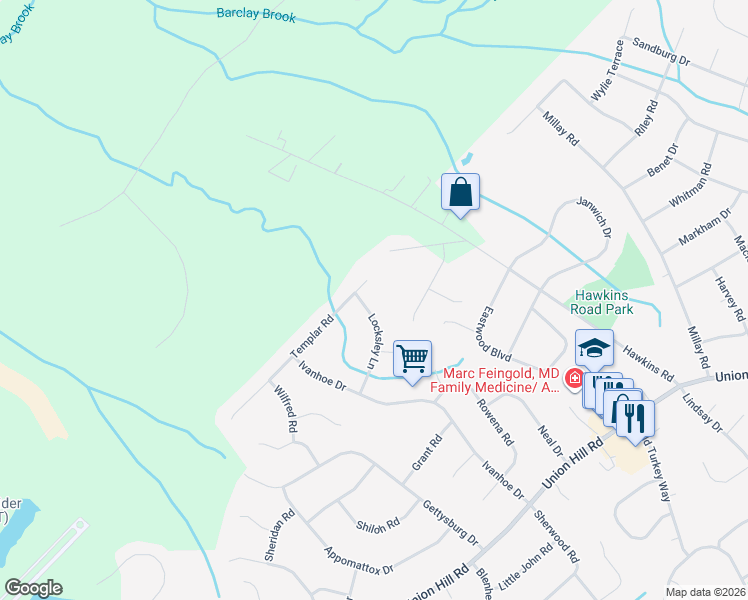 map of restaurants, bars, coffee shops, grocery stores, and more near 16 Locksley Lane in Manalapan Township