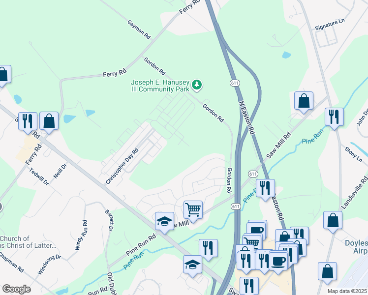 map of restaurants, bars, coffee shops, grocery stores, and more near 3876 Cephas Child Road in Doylestown