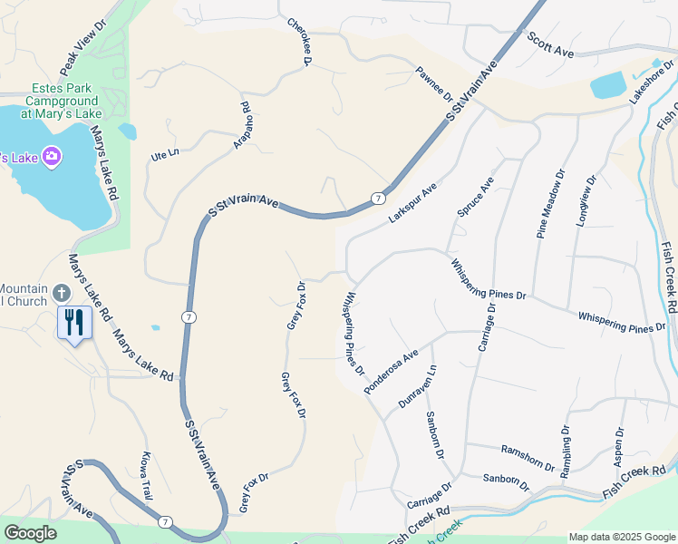 map of restaurants, bars, coffee shops, grocery stores, and more near 365 Grey Fox Drive in Estes Park