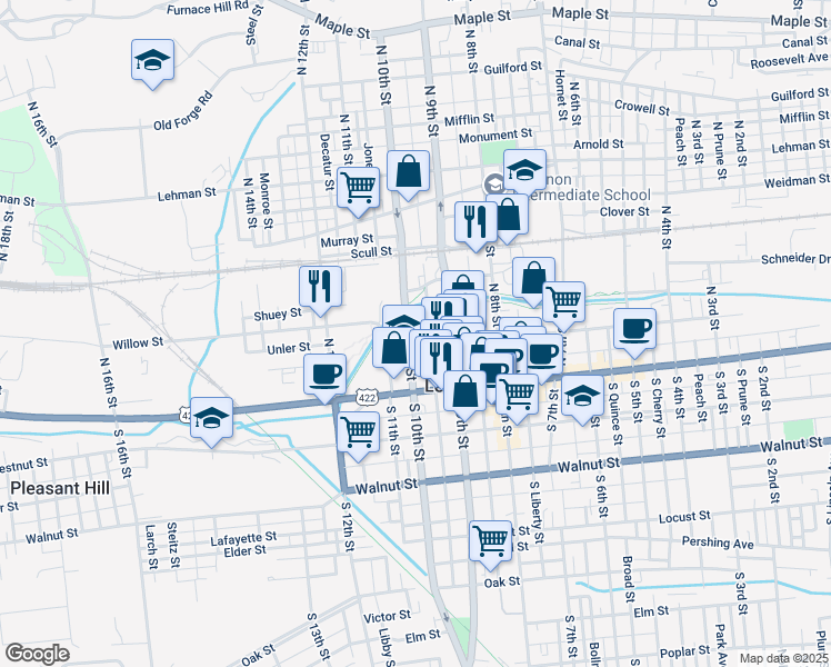map of restaurants, bars, coffee shops, grocery stores, and more near 114 North 10th Street in Lebanon
