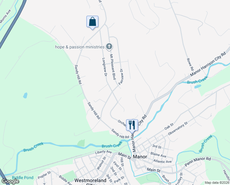 map of restaurants, bars, coffee shops, grocery stores, and more near 225 Longview Drive in Irwin