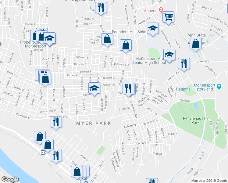 map of restaurants, bars, coffee shops, grocery stores, and more near 3300 Beaver Street in McKeesport