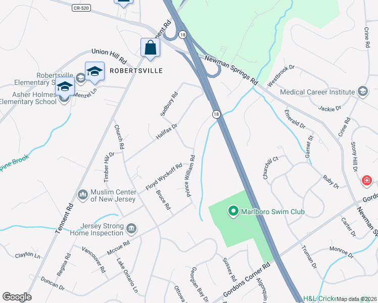 map of restaurants, bars, coffee shops, grocery stores, and more near 19 Prince William Road in Marlboro