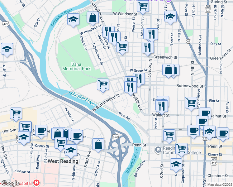 map of restaurants, bars, coffee shops, grocery stores, and more near 273 West Buttonwood Street in Reading